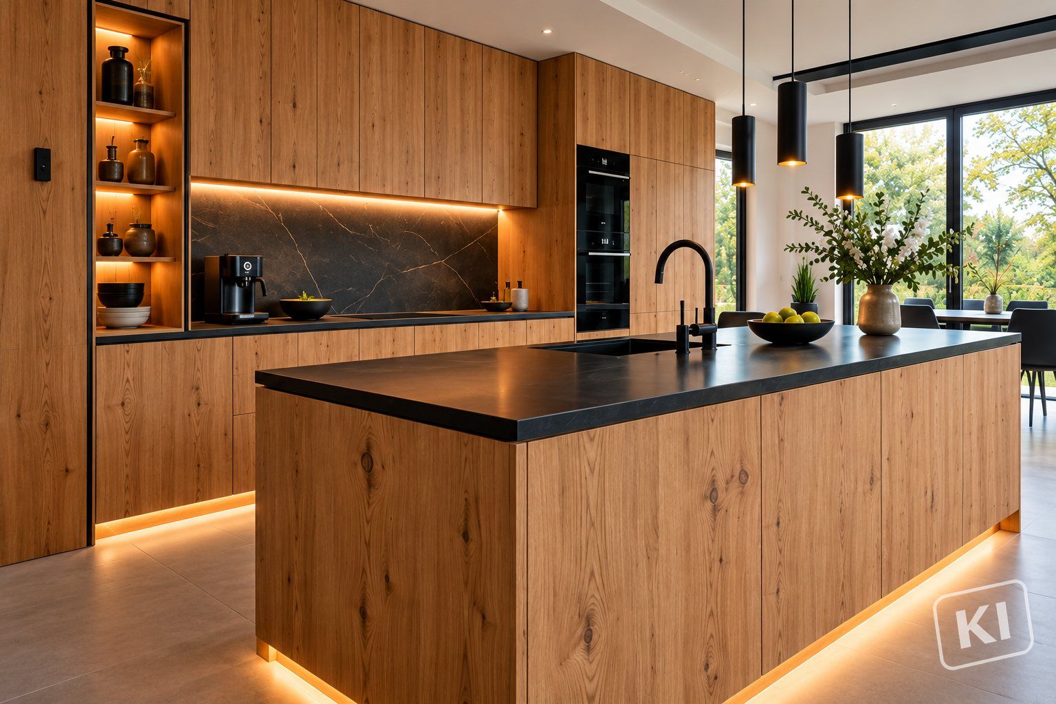 Moderne Holzküche mit Kochinsel, schwarzer Arbeitsplatte und Sockelbeleuchtung