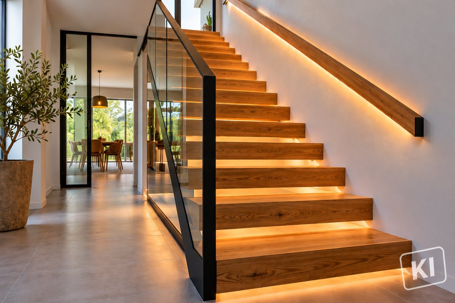 Moderne Holztreppe mit Glasgeländer und indirekter LED-Beleuchtung