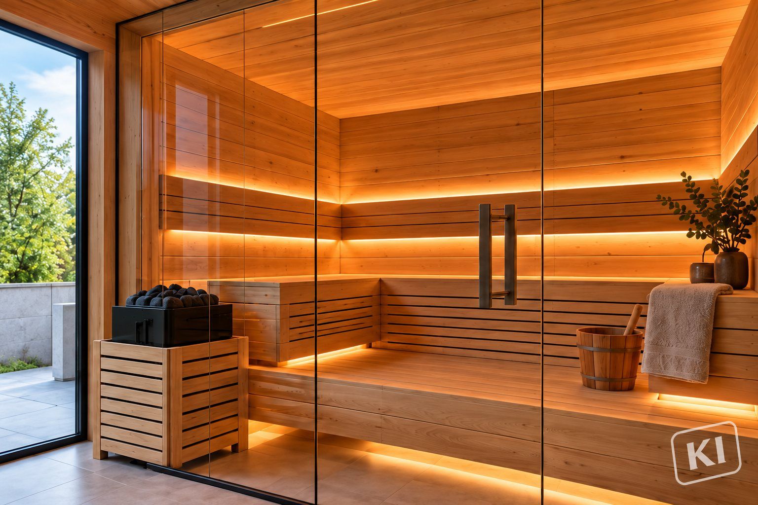 Moderne Sauna mit Glasfront, Holzbänken und indirekter Beleuchtung