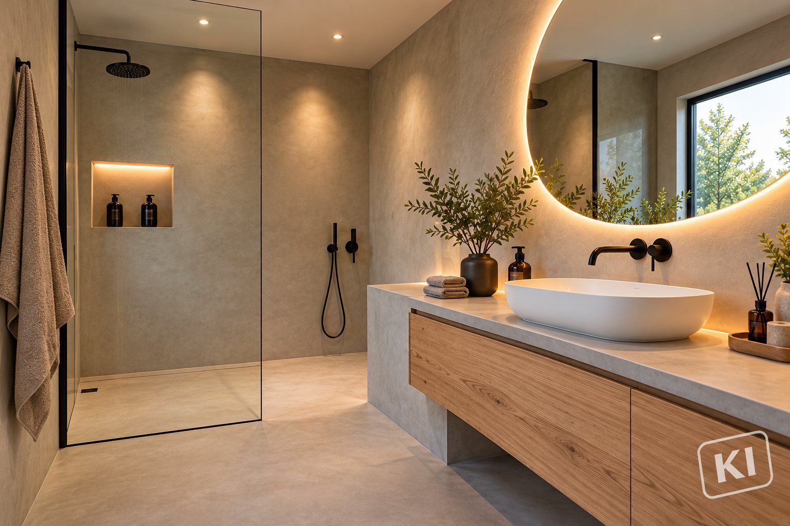 Fugenloses Bad mit bodengleicher Dusche, Holz-Waschtisch und beleuchtetem Spiegel